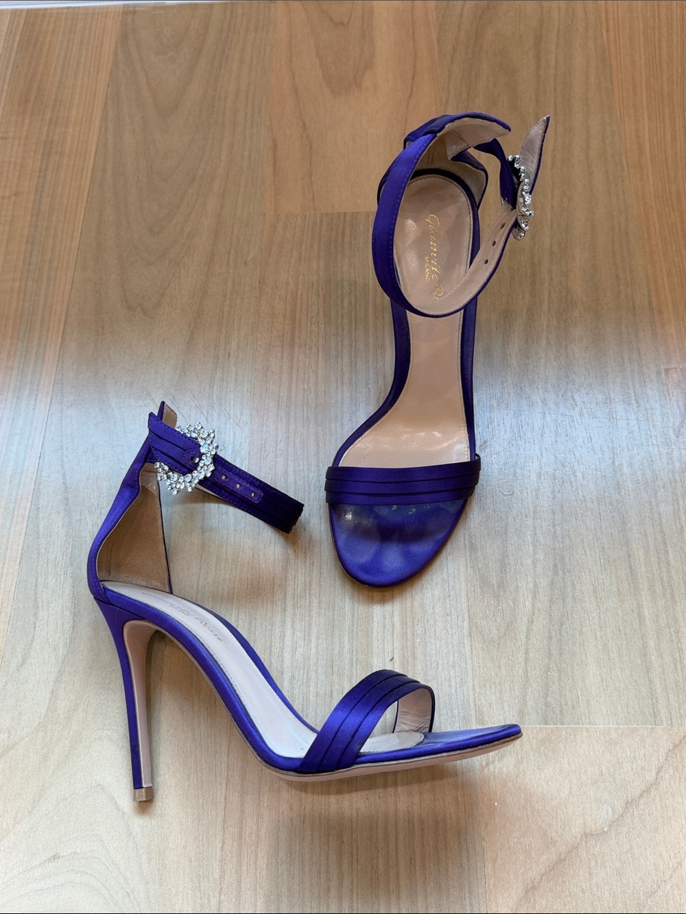 Gianvito Rossi Purple Satin Open-Toe Ankle-Strap Heels with Crystal Buckle
